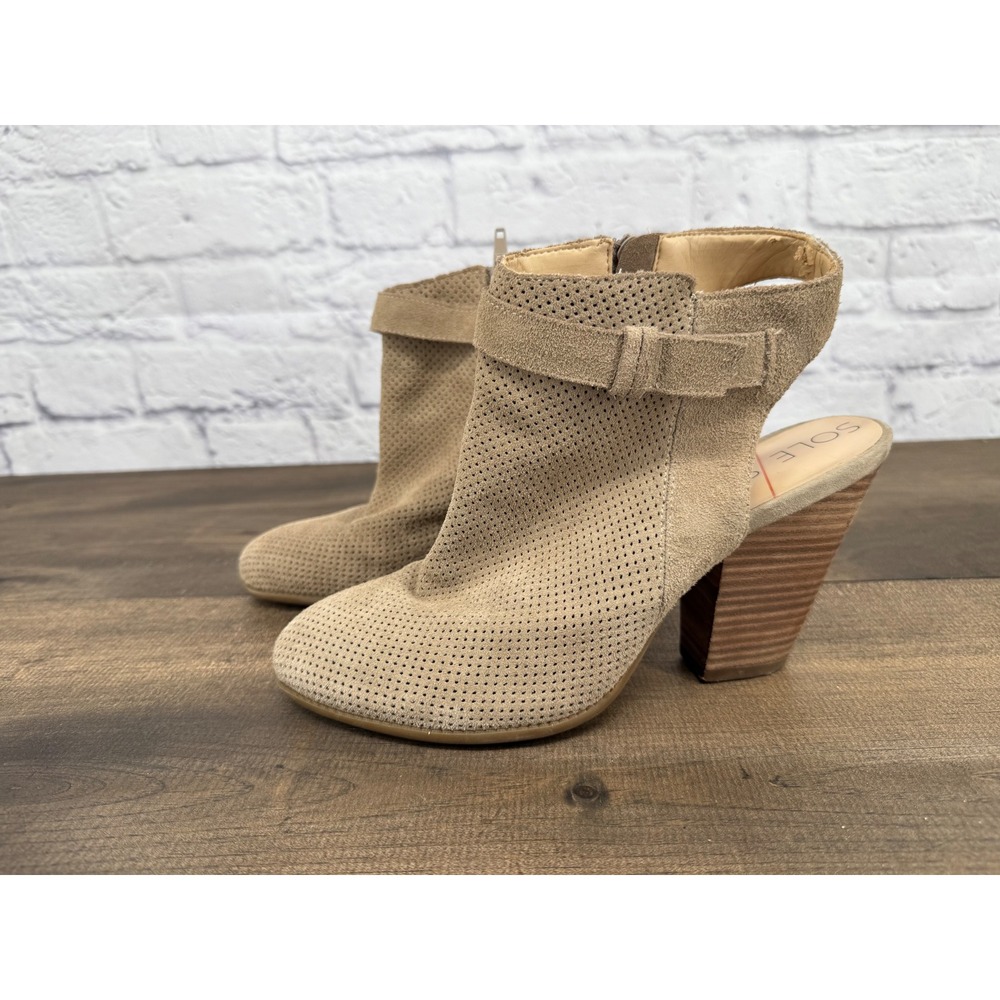 Sole‎ Society Perforated Suede Ankle Booties Block Heel Side Zip Tan Women's 9B